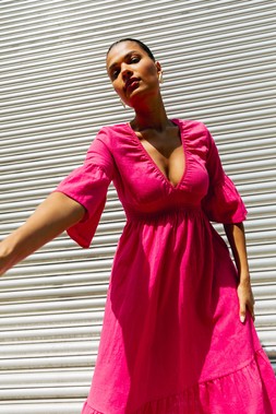 Roman Linen Look Shirred Midi Dress