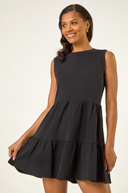 Roman Black Cotton Tiered Stretch Dress