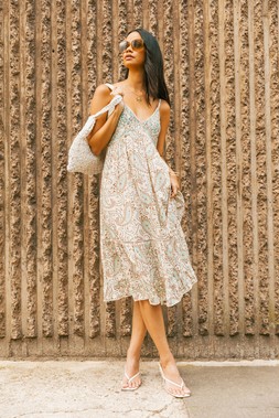 Roman Dusk White Paisley Mirrored V-Neck Dress