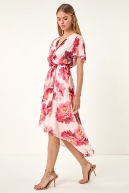 Roman Pink Floral Print Midi Wrap Dress