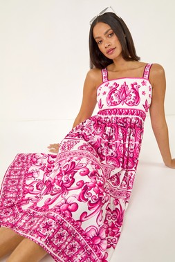 Roman Dusk Pink Baroque Strappy Midi Dress