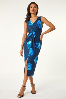 Roman Navy Floral Twist Front Midi Dress