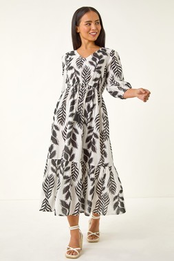 Roman Petite Black Abstract Leaf Midi Dress