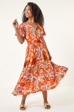 Roman Petite Leaf Print Shirred Midi Dress
