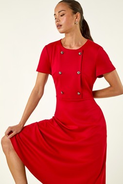 Roman Petite Red Button Stretch Midi Dress