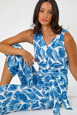 Dusk Shell Print Button Jumpsuit