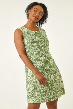 Roman Petite Leaf Print Buttoned A-Line Dress