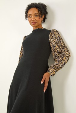 Roman Petite Black Contrast Frill Stretch Dress