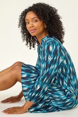 Roman Petite Teal Ikat Print Tiered Hem Dress