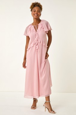 Roman Light Pink Metallic Dobby Frill Midi Dress