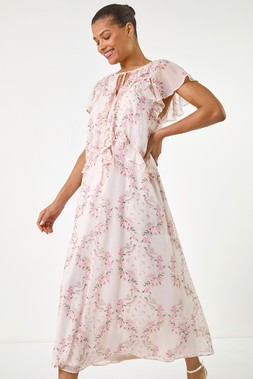Roman Light Pink Floral Frill Flutter Sleeve Dress