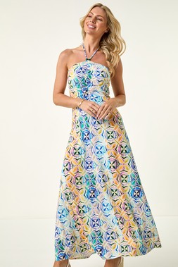 Roman Petite Blue Abstract Gathered Halter Maxi Dress