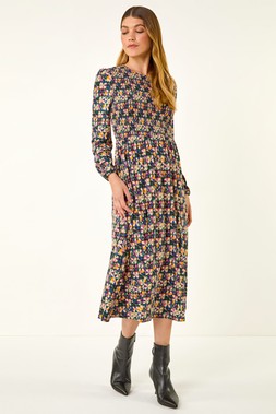 Roman Geometric Print Shirred Midi Dress