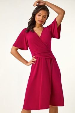Roman Dark Magenta Wrap Over Stretch Dress
