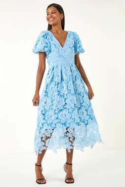 Roman Blue Premium Crochet Midi Dress