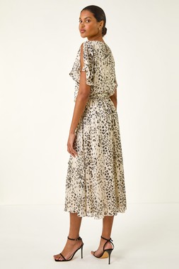Roman Cream Animal Print Split Sleeve Midi Dress