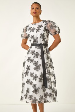 Roman Floral Organza Belted Dress
