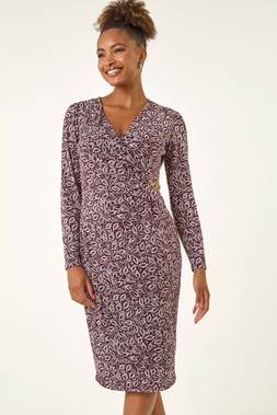Roman Burgundy Leaf Print Chain Detail Dress