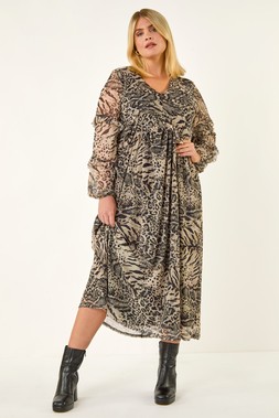 Roman Curve Beige Animal Print Frill Midi Dress