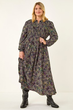 Roman Curve Purple Abstract Print Shirred Midi Dress