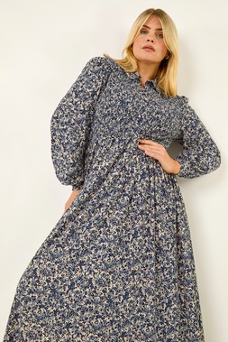 Roman Curve Blue Abstract Print Shirred Midi Dress