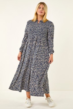 Roman Curve Blue Abstract Print Shirred Midi Dress