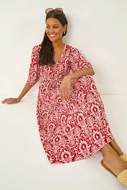 Roman Abstract Print V-Neck Midi Dress
