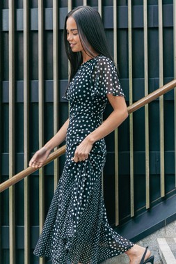 Roman Petite Black Spot Print Godet Hem Midi Dress