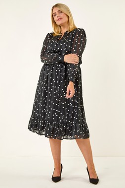Black Curve Polka Dot Midi Dress