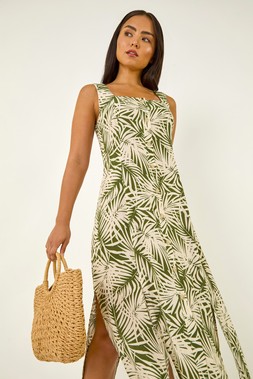 Roman Petite Leaf Print Button Midi Dress
