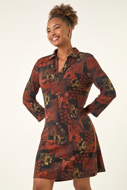 Roman Orange Patchwork Print Shift Dress