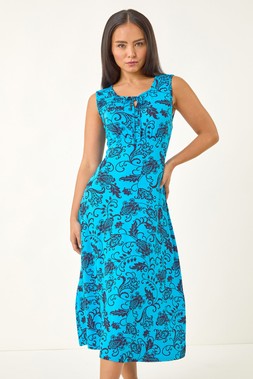 Roman Petite Blue Paisley Print Tie Front Midi Dress