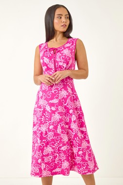 Roman Petite Fuchsia Paisley Tie Front Midi Dress