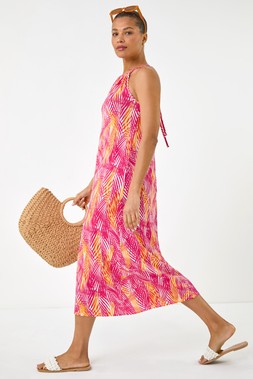 Roman Pink Gathered Palm Print Swing Stretch Dress