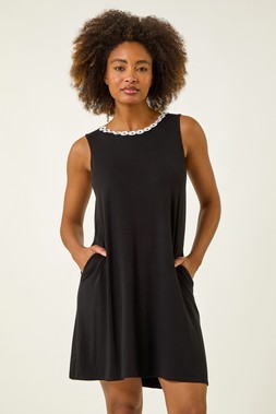 Roman Black Floral Trim A-Line Stretch Dress