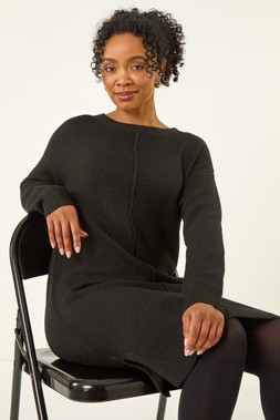 Roman Petite Black Knitted Pintuck Shift Dress