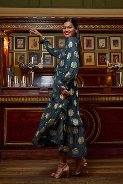 Teal Frill Brocade Midi Dress