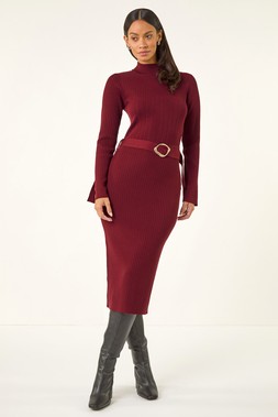 Roman Dusk Wine Knitted Buckle Midi Dress