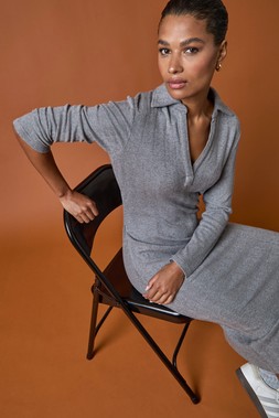Roman Grey Collar Ribbed Knit Midi Dress