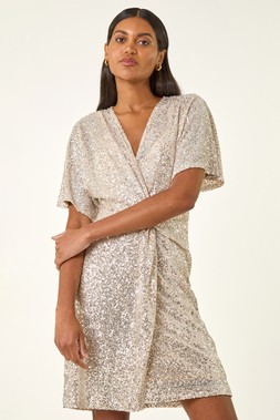 Roman Silver Sequin Twist Front Stretch Dress