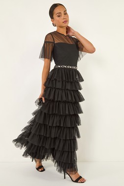 Roman Petite Black Embellished Mesh Tiered Dress