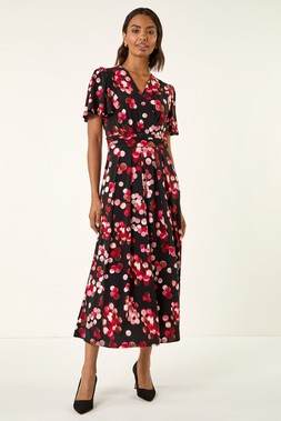 Red Spot Print Wrap Midi Dress