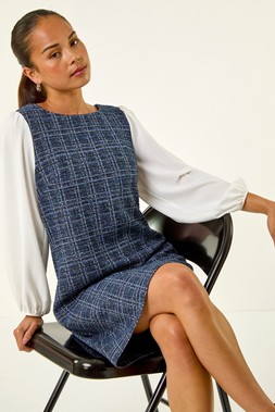 Roman Petite Navy Boucle Contrast Sleeve Dress