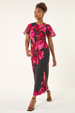 Roman Red Floral Print Flutter Sleeve Midi Dress