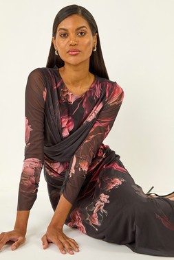 Roman Black Floral Mesh Stretch Maxi Dress