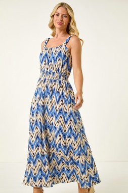 Roman Petite Blue Abstract Shirred Waist Midi Dress
