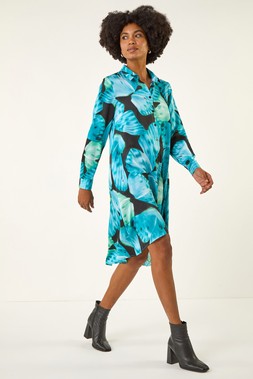 Roman Blue Abstract Print High Low Shirt Dress