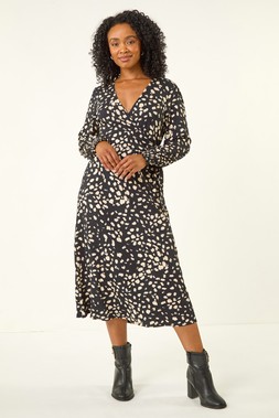 Roman Black Petite Abstract Dot Stretch Dress