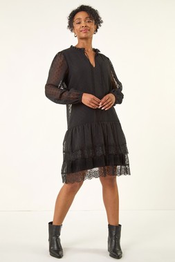 Roman Petite Black Frill Tie Front Lace Dress