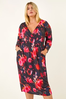Red Curve Floral Print Mesh Midi Dress